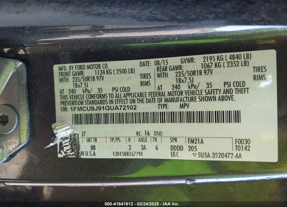 2016 FORD ESCAPE VIN: 1FMCU9J91GUA72102