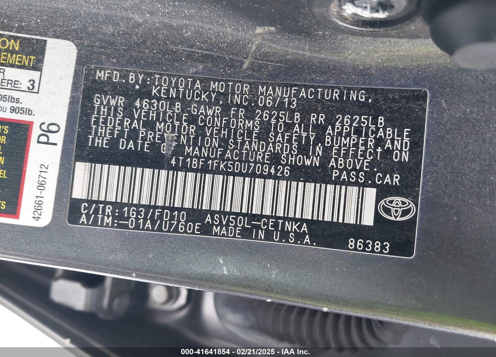2013 TOYOTA CAMRY VIN: 4T1BF1FK5DU709426