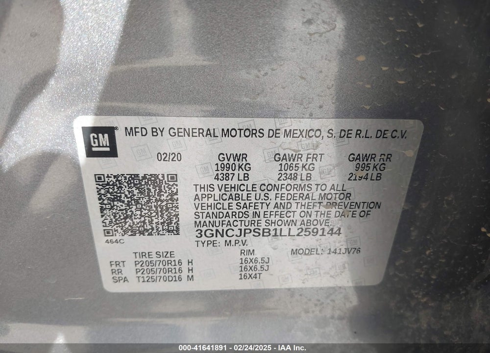 2020 CHEVROLET TRAX AWD LT VIN: 3GNCJPSB1LL259144