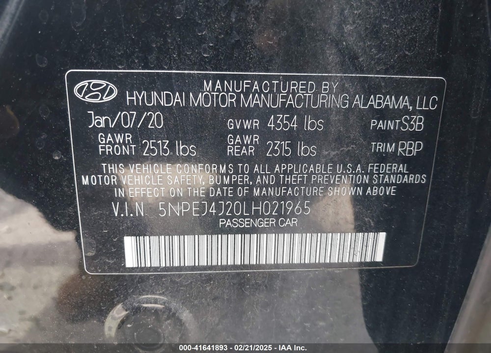 2020 HYUNDAI SONATA VIN: 5NPEJ4J20LH021965