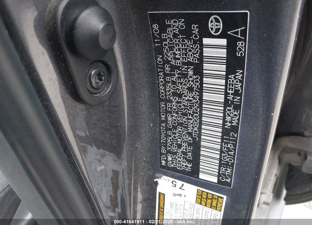 2009 TOYOTA PRIUS VIN: JTDKB20U293497503