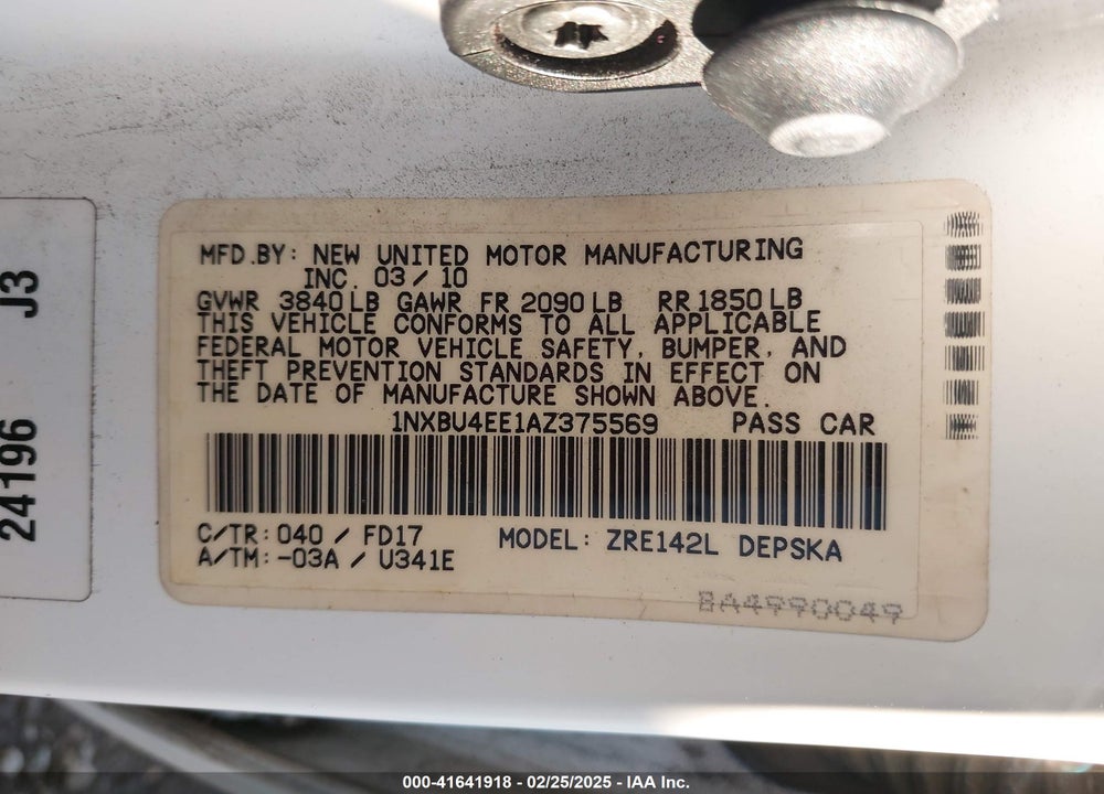 2010 TOYOTA COROLLA VIN: 1NXBU4EE1AZ375569