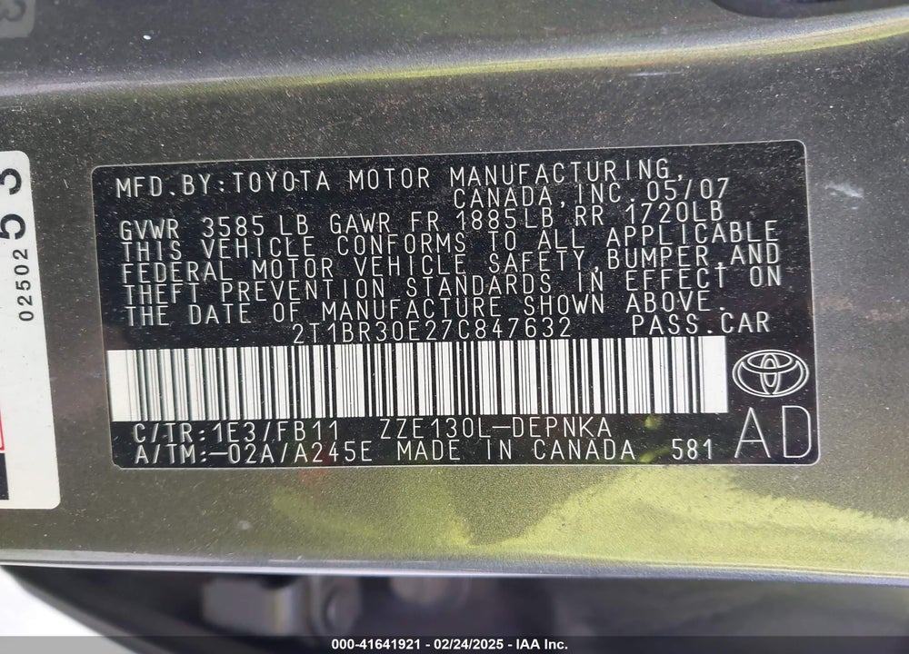 2007 TOYOTA COROLLA VIN: 2T1BR30E27C847632