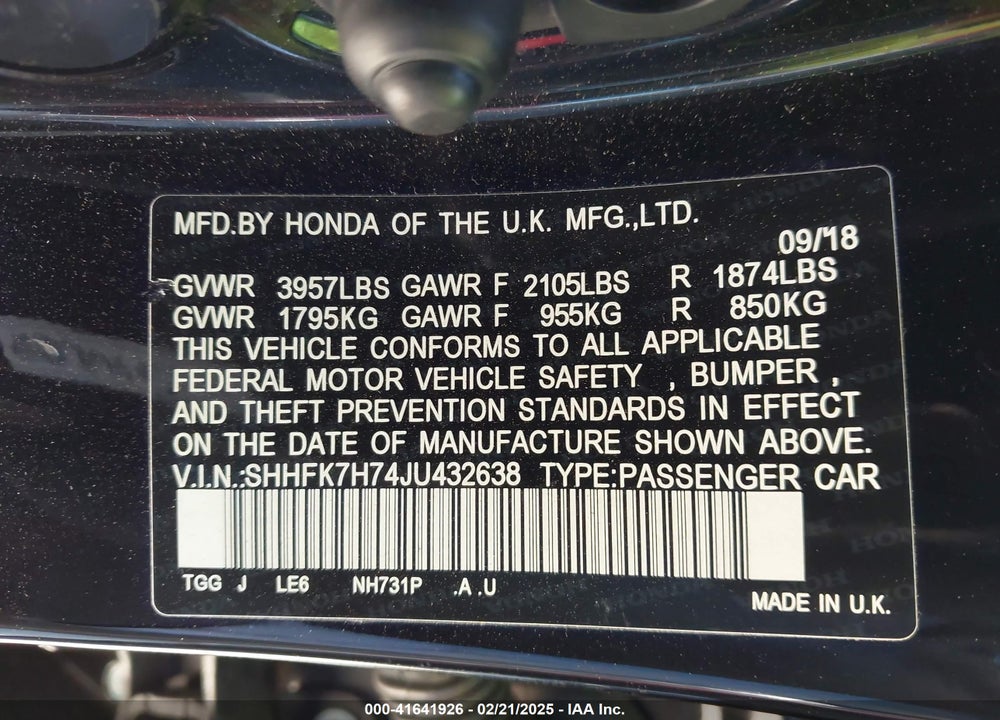 2018 HONDA CIVIC VIN: SHHFK7H74JU432638