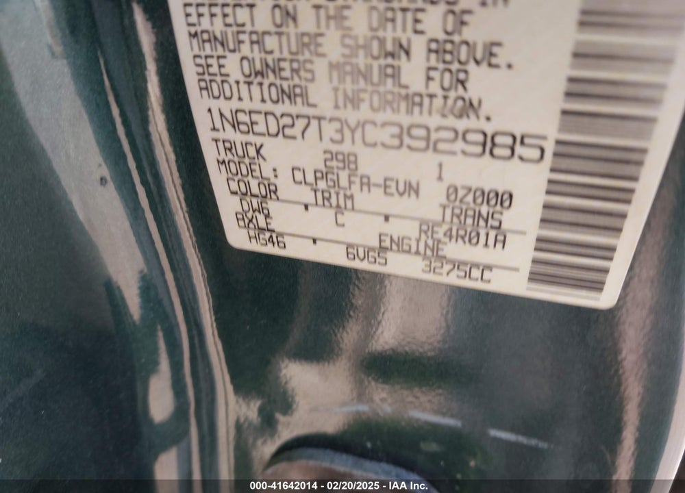 2000 NISSAN FRONTIER SE-V6/XE-V6 VIN: 1N6ED27T3YC392985