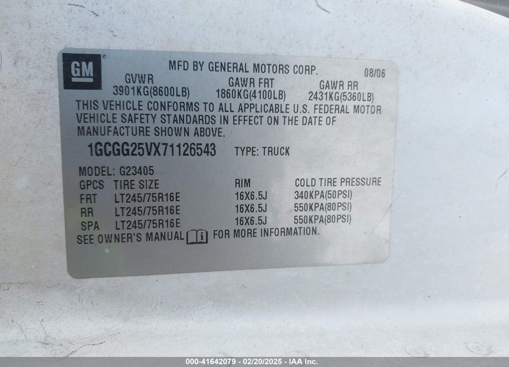 2007 CHEVROLET EXPRESS WORK VAN VIN: 1GCGG25VX71126543