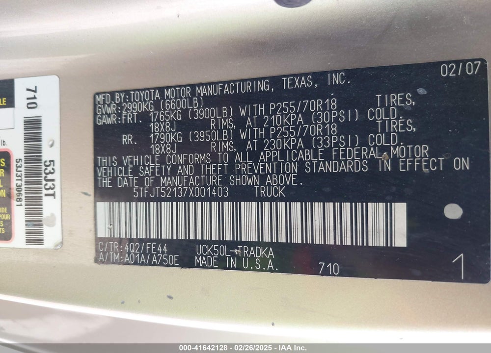 2007 TOYOTA TUNDRA BASE 4.7L V8 VIN: 5TFJT52137X001403