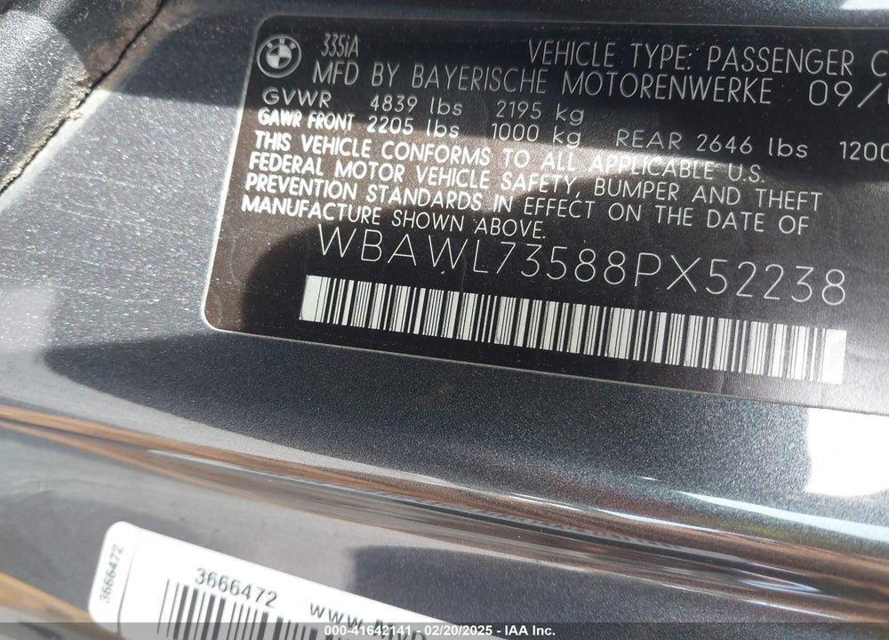 2008 BMW 335I VIN: WBAWL73588PX52238
