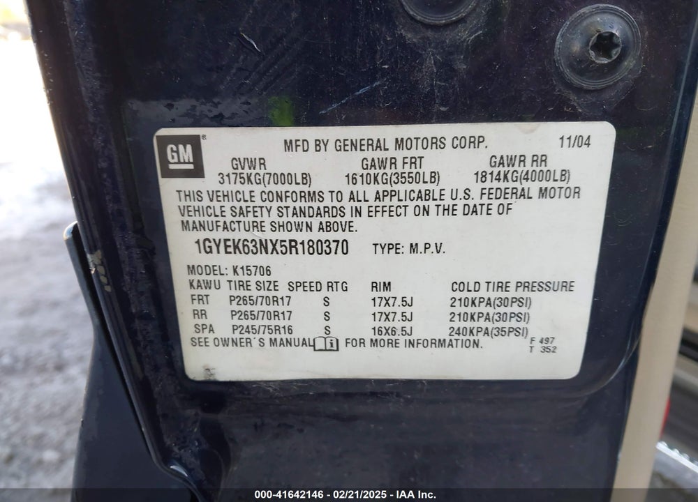 2005 CADILLAC ESCALADE VIN: 1GYEK63NX5R180370
