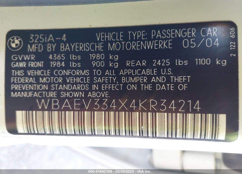 2004 BMW 325I VIN: WBAEV334X4KR34214