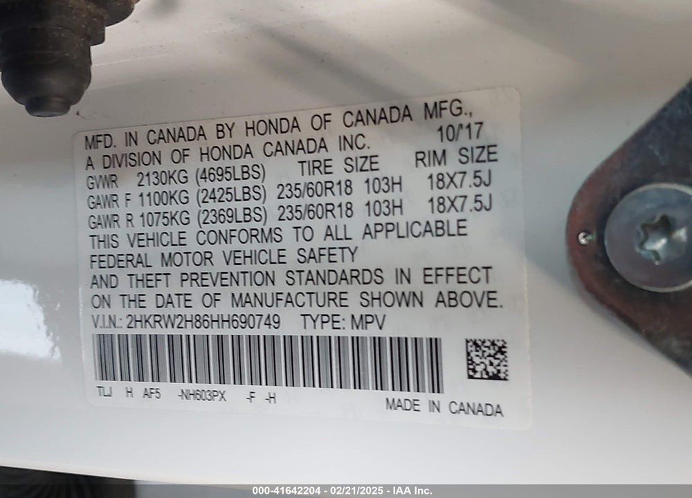 2017 HONDA CR-V VIN: 2HKRW2H86HH690749