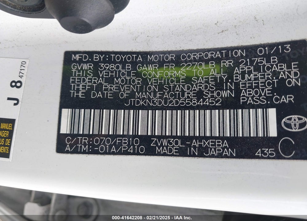 2013 TOYOTA PRIUS VIN: JTDKN3DU2D5584452
