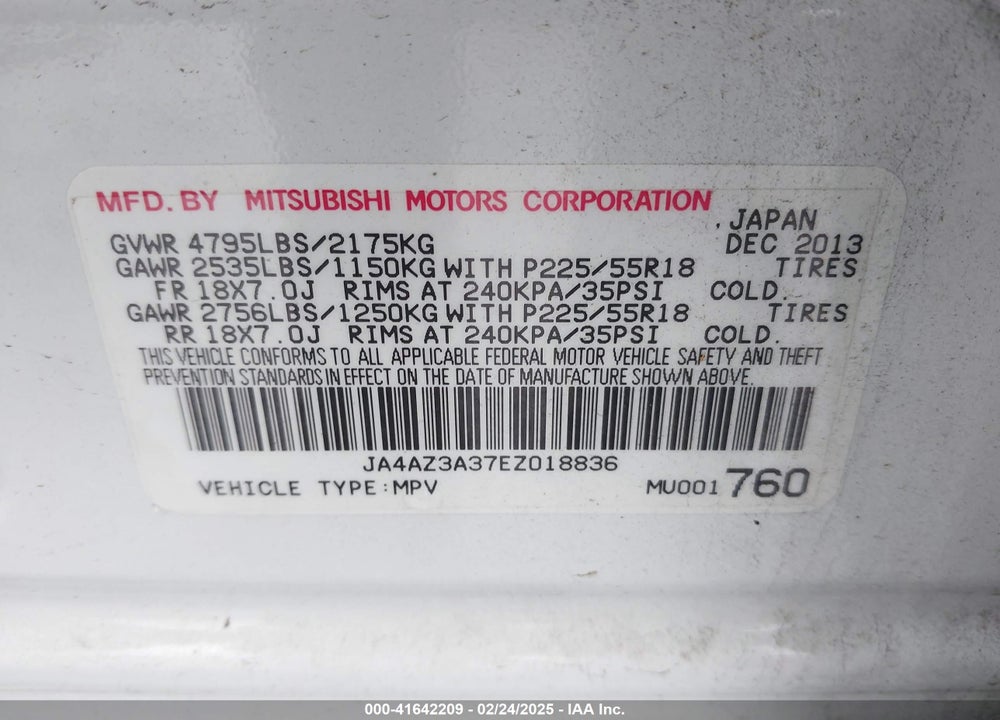 2014 MITSUBISHI OUTLANDER SE VIN: JA4AZ3A37EZ018836