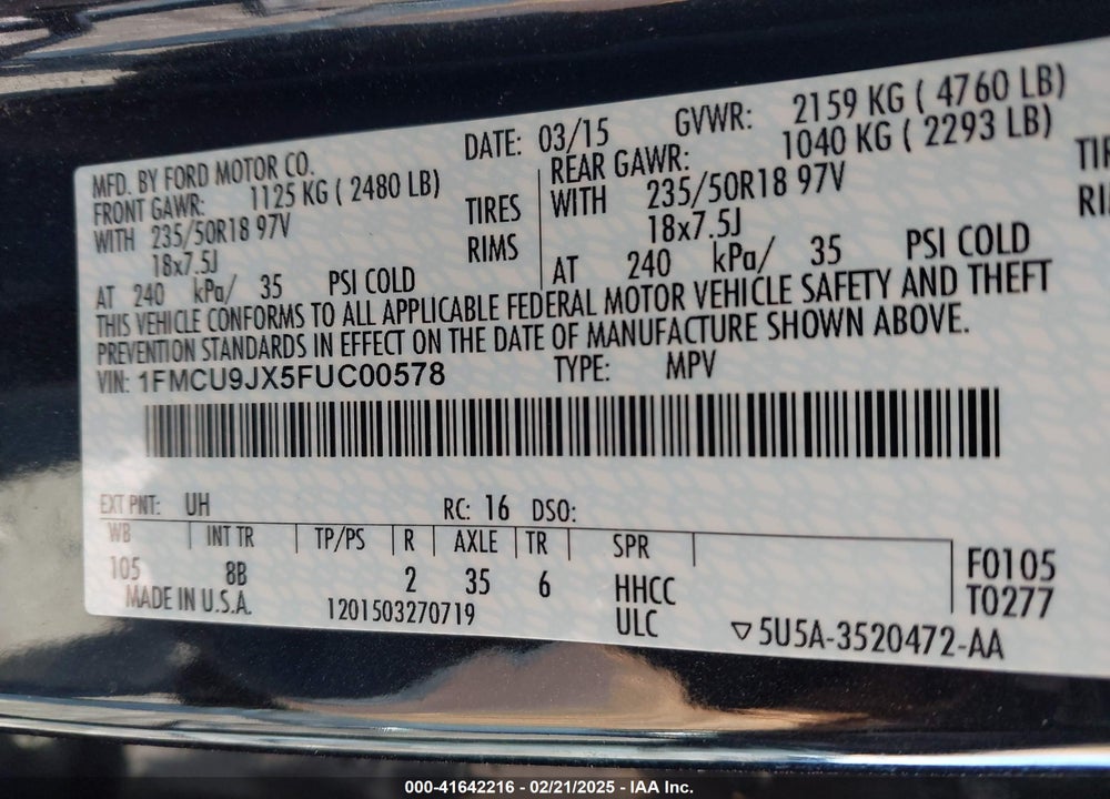 2015 FORD ESCAPE TITANIUM VIN: 1FMCU9JX5FUC00578