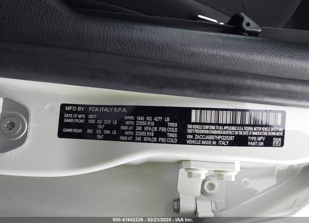 2017 JEEP RENEGADE ALTITUDE FWD VIN: ZACCJABB7HPG25287