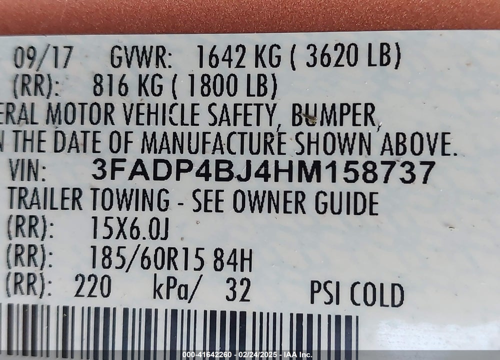 2017 FORD FIESTA VIN: 3FADP4BJ4HM158737