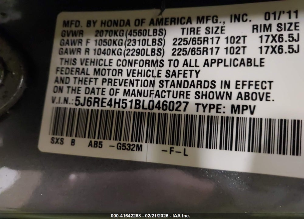 2011 HONDA CR-V EX VIN: 5J6RE4H51BL046027