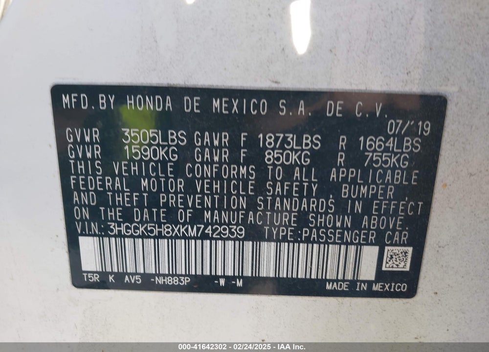 2019 HONDA FIT EX VIN: 3HGGK5H8XKM742939