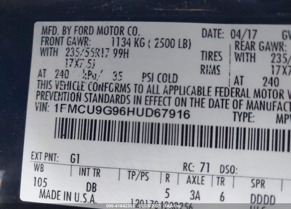 2017 FORD ESCAPE SE VIN: 1FMCU9G96HUD67916