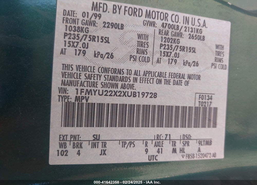 1999 FORD EXPLORER SPORT VIN: 1FMYU22X2XUB19728