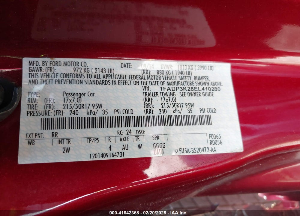 2014 FORD FOCUS VIN: 1FADP3K28EL410280