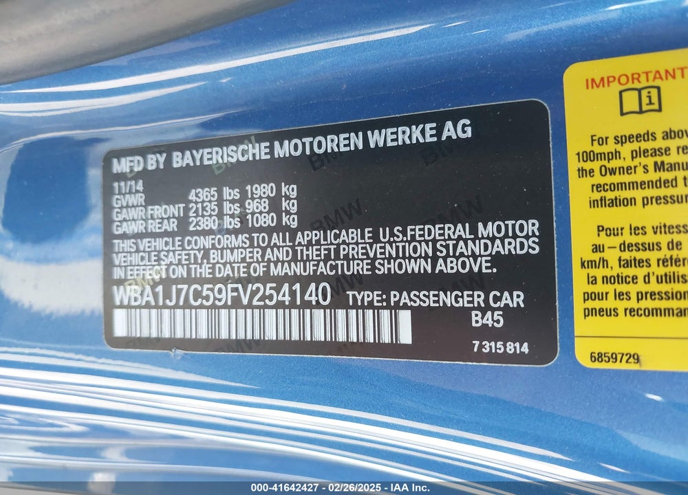 2015 BMW M235 VIN: WBA1J7C59FV254140