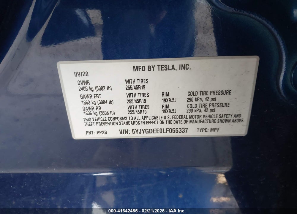 2020 TESLA MODEL Y VIN: 5YJYGDEE0LF055337