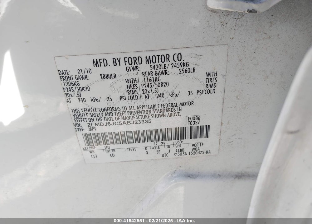 2010 LINCOLN MKX VIN: 2LMDJ6JC5ABJ23335