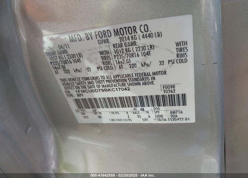 2011 FORD ESCAPE XLT VIN: 1FMCU0D79BKC17042