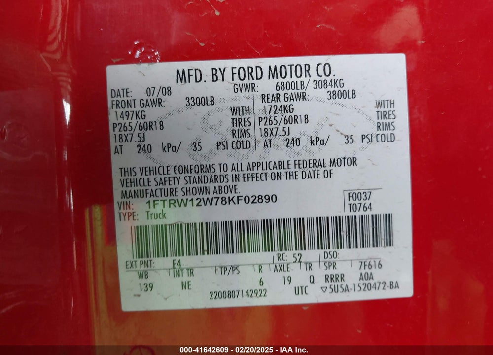 2008 FORD F-150 VIN: 1FTRW12W78KF02890