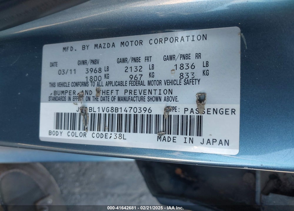 2011 MAZDA 3 I TOURING VIN: JM1BL1VG8B1470396