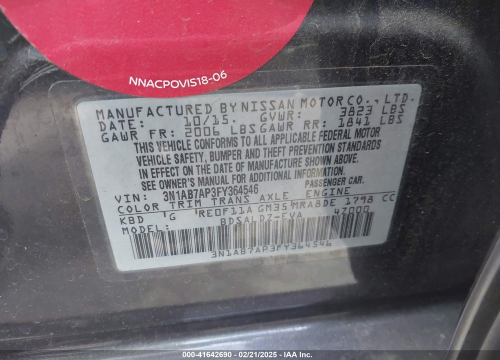 2015 NISSAN SENTRA SV VIN: 3N1AB7AP3FY364546