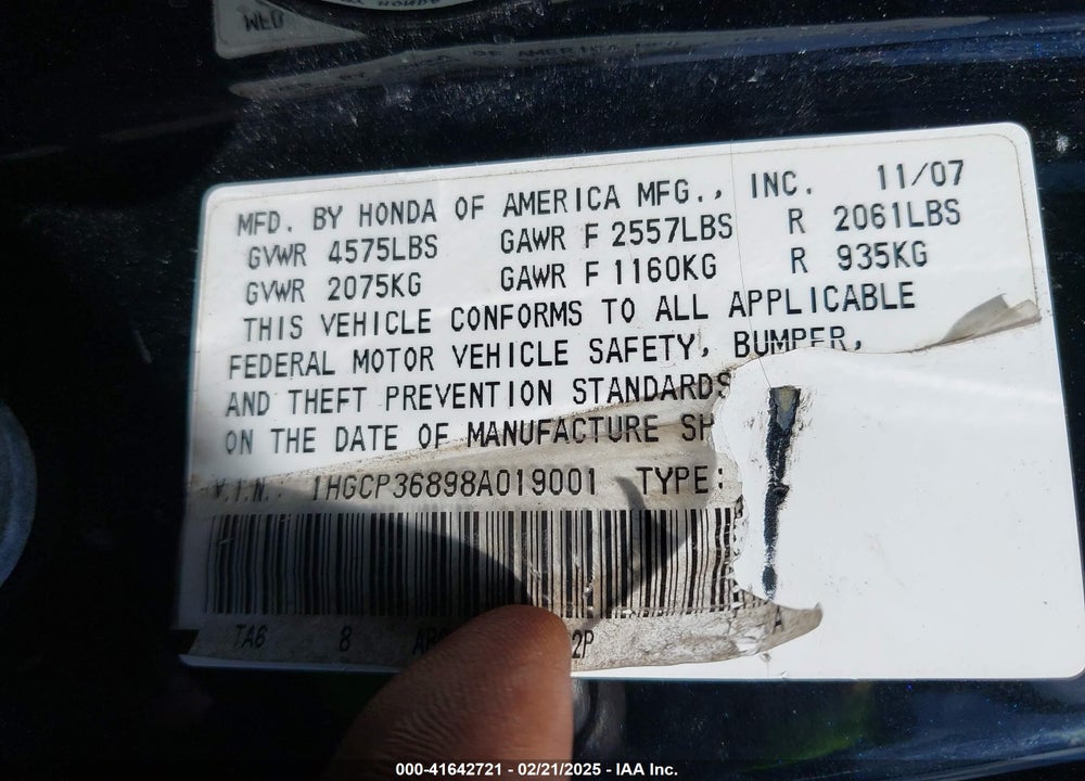 2008 HONDA ACCORD 3.5 EX-L VIN: 1HGCP36898A019001