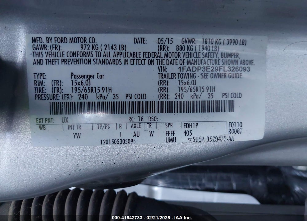 2015 FORD FOCUS S VIN: 1FADP3E29FL326093