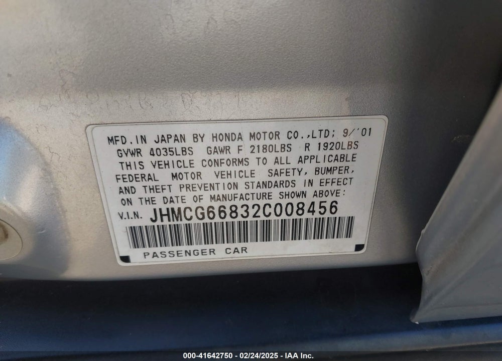 2002 HONDA ACCORD VIN: JHMCG66832C008456