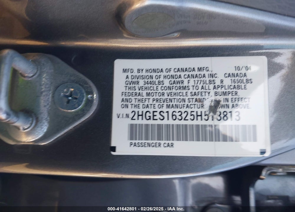 2005 HONDA CIVIC VP VIN: 2HGES16325H513813