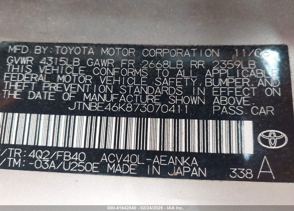2007 TOYOTA CAMRY VIN: JTNBE46K873070411