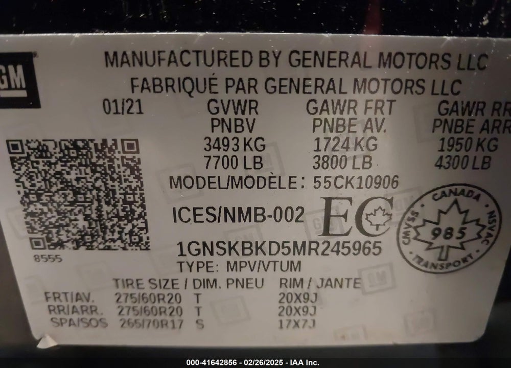 2021 CHEVROLET SUBURBAN VIN: 1GNSKBKD5MR245965