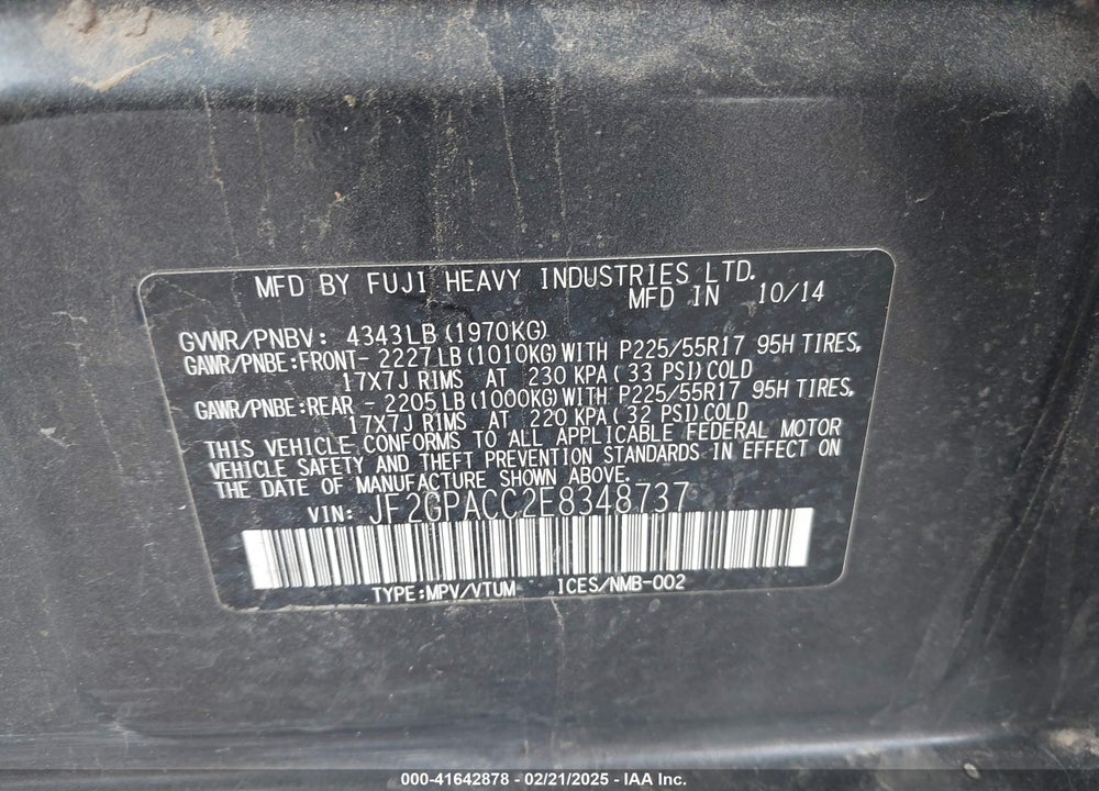 2014 SUBARU XV CROSSTREK 2.0I PREMIUM VIN: JF2GPACC2E8348737
