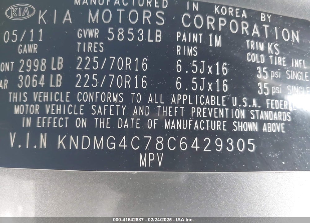 2012 KIA SEDONA LX VIN: KNDMG4C78C6429305