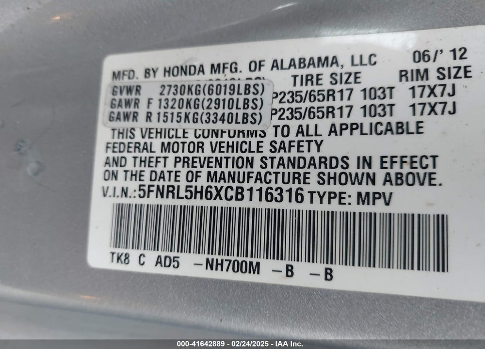 2012 HONDA ODYSSEY EX-L VIN: 5FNRL5H6XCB116316