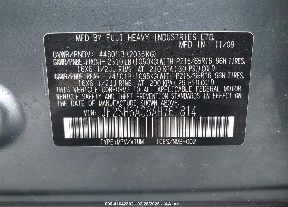 2010 SUBARU FORESTER VIN: JF2SH6AC8AH761814
