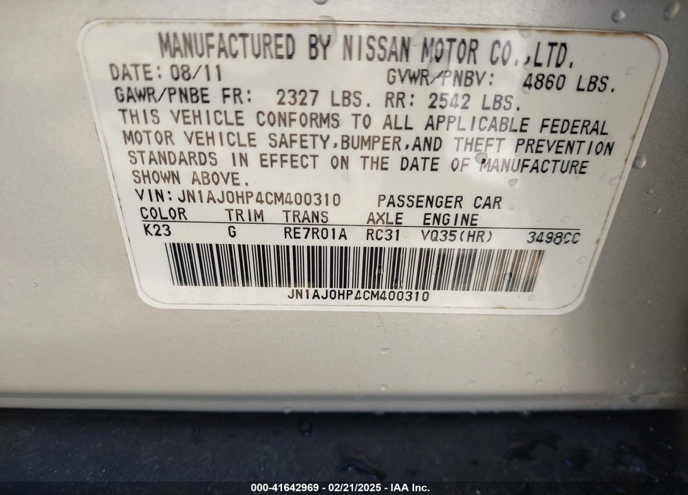 2012 INFINITI EX35 JOURNEY VIN: JN1AJ0HP4CM400310