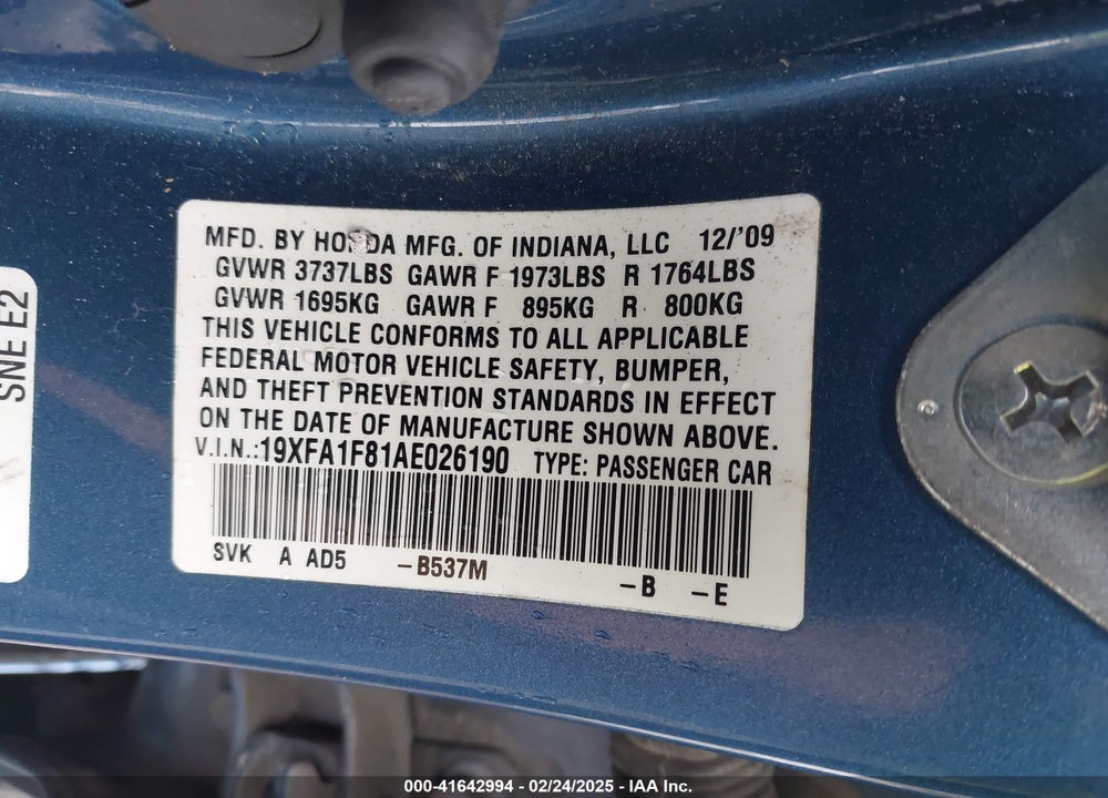 2010 HONDA CIVIC EX VIN: 19XFA1F81AE026190