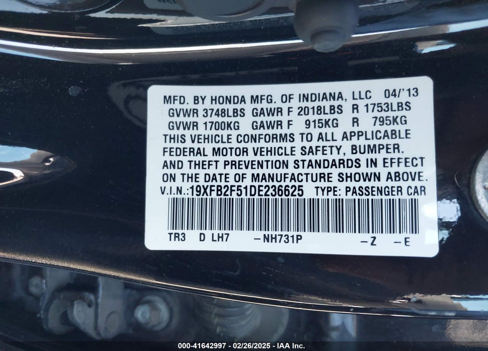 2013 HONDA CIVIC LX VIN: 19XFB2F51DE236625