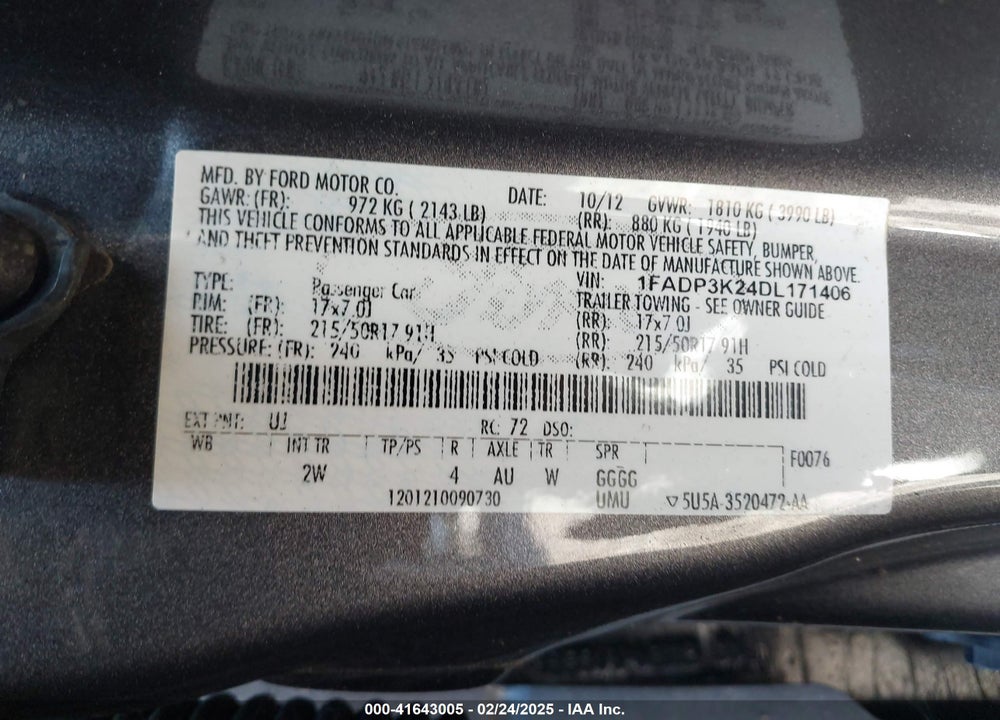 2013 FORD FOCUS VIN: 1FADP3K24DL171406