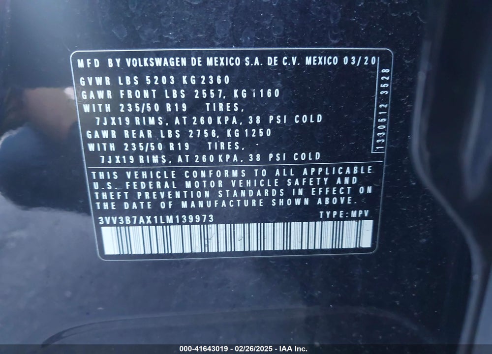 2020 VOLKSWAGEN TIGUAN VIN: 3VV3B7AX1LM139973