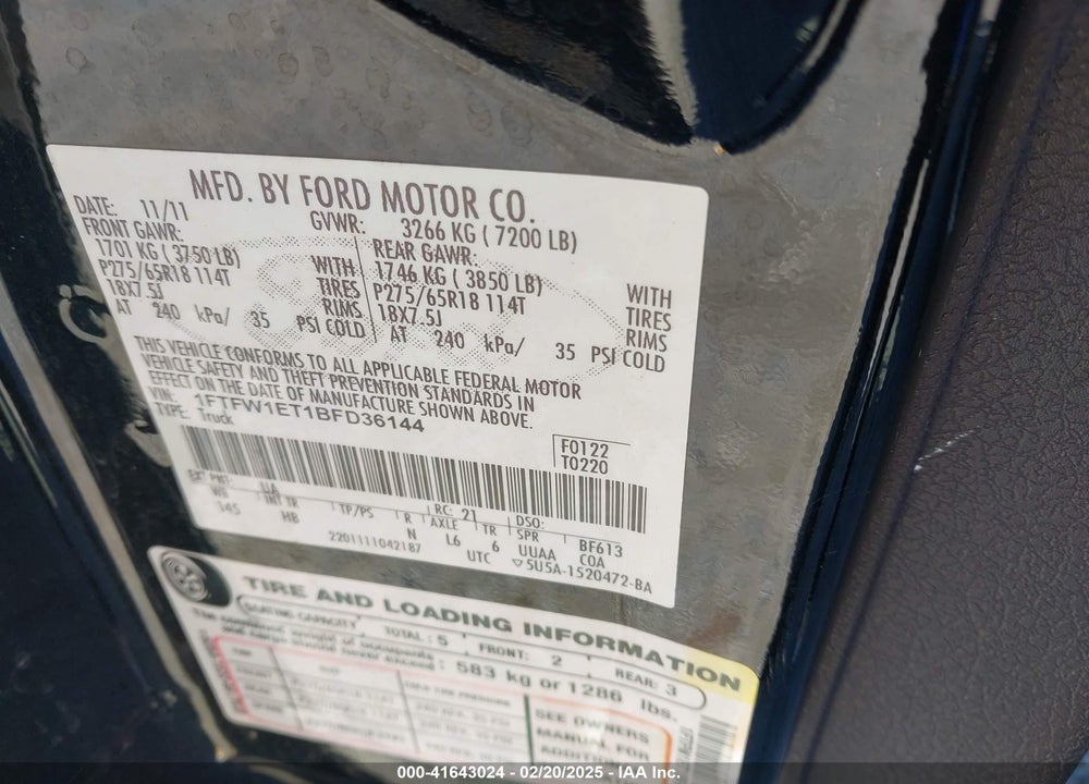 2011 FORD F-150 VIN: 1FTFW1ET1BFD36144