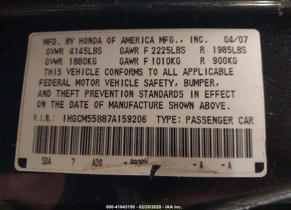 2007 HONDA ACCORD VIN: 1HGCM55887A159206