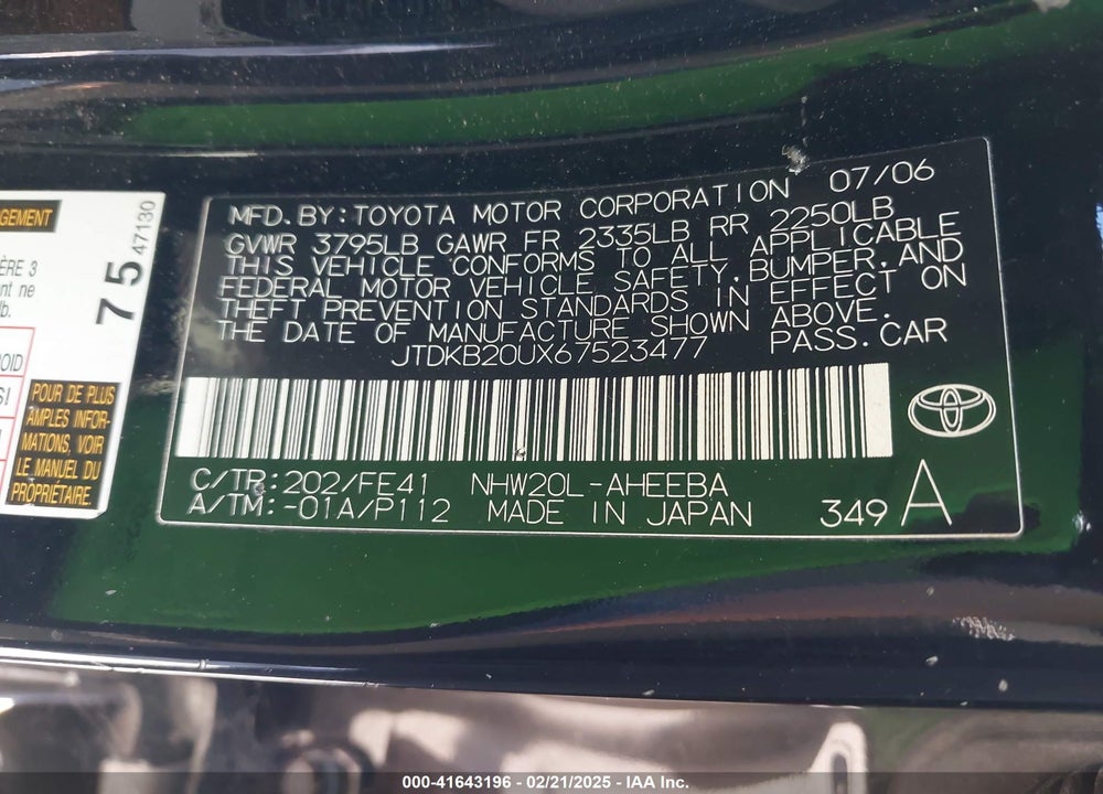 2006 TOYOTA PRIUS VIN: JTDKB20UX67523477